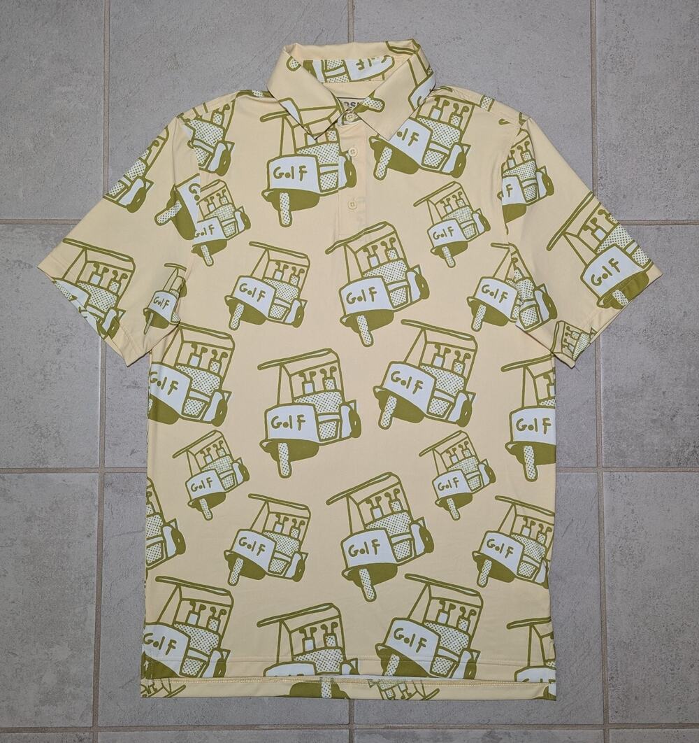 Sosik Men's Small Polo Shirt Yellow Golf Cart Print Short Sleeve Performance